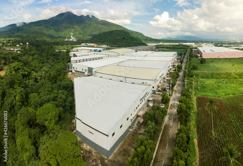 Aerial of an industrial factory compound at the foot of Mt. Makiling in Sto. Tomas, Batangas, Philippines. photo