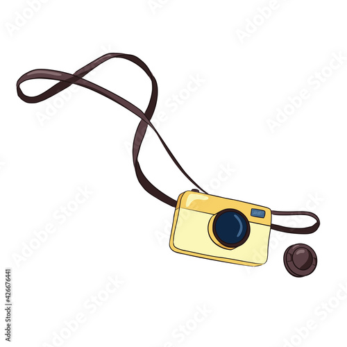 Hand Drawn Yellow Photo Camera. Line drawing colourful vector illustration of camera isolated on white background. Outlined object, flat style
