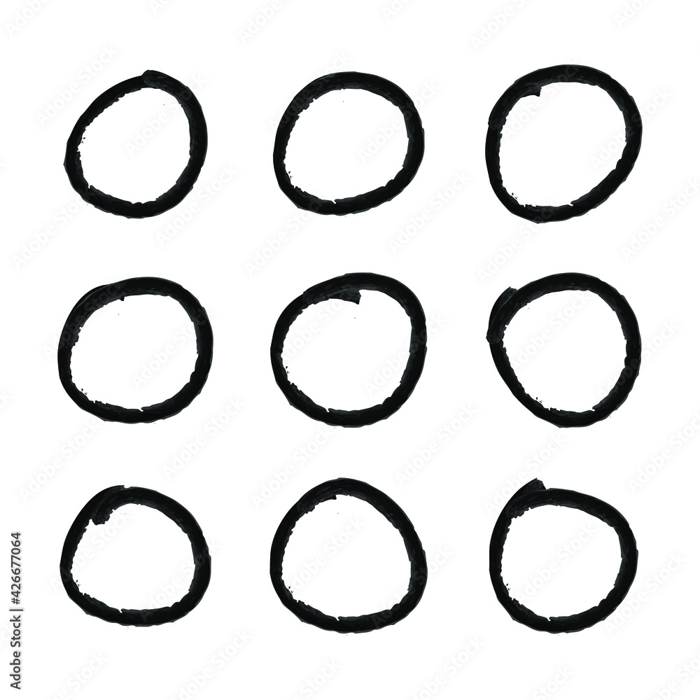 Vector set of hand drawn textured black circle shapes isolated on white background, painting illustration, round strokes, icons set.
Vector set of hand drawn textured black circle shapes isolated on white background, painting illustration, round strokes, icons set.