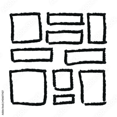 Vector set of hand drawn textured black square shapes  isolated on white background, painting illustration, brush strokes, icons set.
