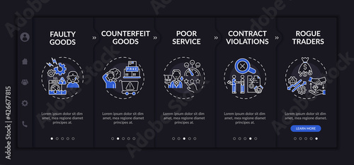 Buyer allegations onboarding vector template. Responsive mobile website with icons. Web page walkthrough 5 step screens. Counterfeit goods, poor service night mode concept with linear illustrations