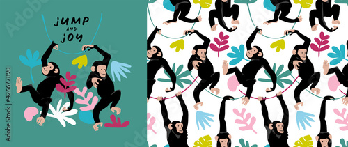 Set of print and Seamless wallpaper pattern. Funny Cartoon Monkey Characters. Jump and joy – lettering quote. Textile composition, t-shirt design, hand drawn style print. Vector illustration.