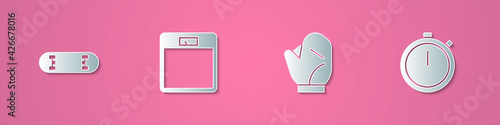 Set paper cut Skateboard trick, Bathroom scales, Baseball glove and Stopwatch icon. Paper art style. Vector
