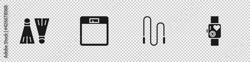 Set Rubber flippers for swimming, Bathroom scales, Jump rope and Smart watch showing heart beat rate icon. Vector