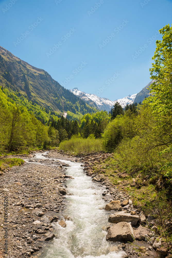 Trettach river and valley, allgau alps at springtime