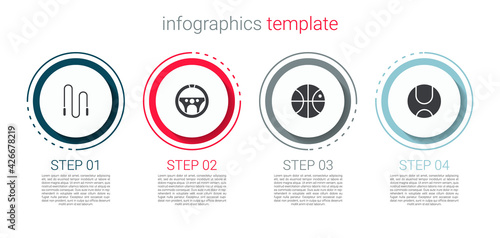 Set Jump rope, Steering wheel, Basketball ball and Tennis. Business infographic template. Vector