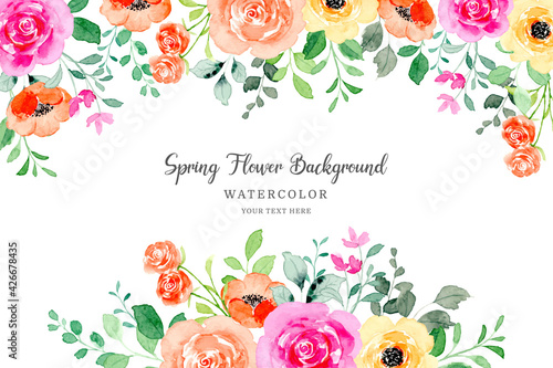 Spring flower frame. Colorful floral background with watercolor