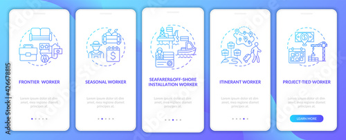 Migrant workers types navy onboarding mobile app page screen with concepts. Immigrants walkthrough 5 steps graphic instructions. UI, UX, GUI vector template with linear color illustrations
