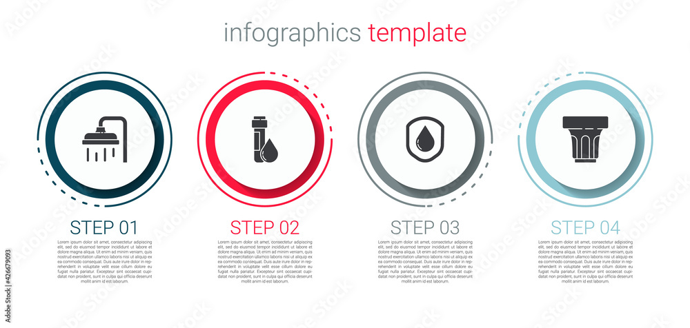 Set Shower head, Test tube with water drop, Waterproof and Glass. Business infographic template. Vector Set Shower head, Test tube with water drop, Waterproof and Glass. Business infographic template. Vector