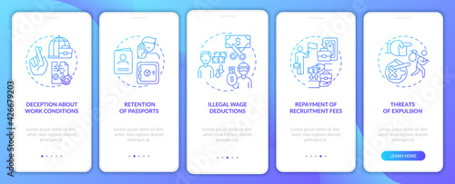 Migrant workers rights violation, abuse navy onboarding mobile app page screen with concepts. Work walkthrough 5 steps graphic instructions. UI, UX, GUI vector template with linear color illustrations