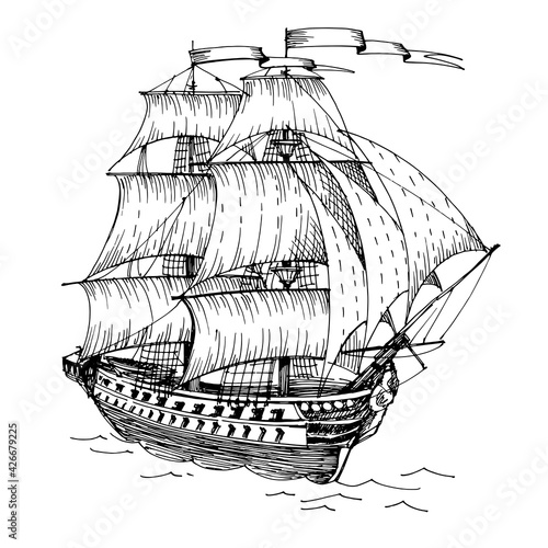 Old ship, vintage sailboat. Hand drawn sketch.