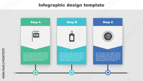 Set Street signboard with Pub, Whiskey bottle and Alcohol 18 plus. Business infographic template. Vector