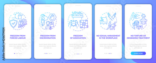 Migrant workers freedoms navy onboarding mobile app page screen with concepts. Immigrant rights walkthrough 5 steps graphic instructions. UI, UX, GUI vector template with linear color illustrations