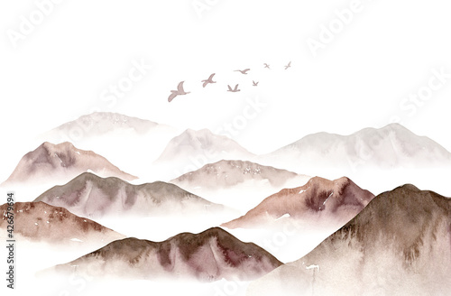Watercolor foggy mountains landscape, fog trees, sky illustration. Winter background © kris_art