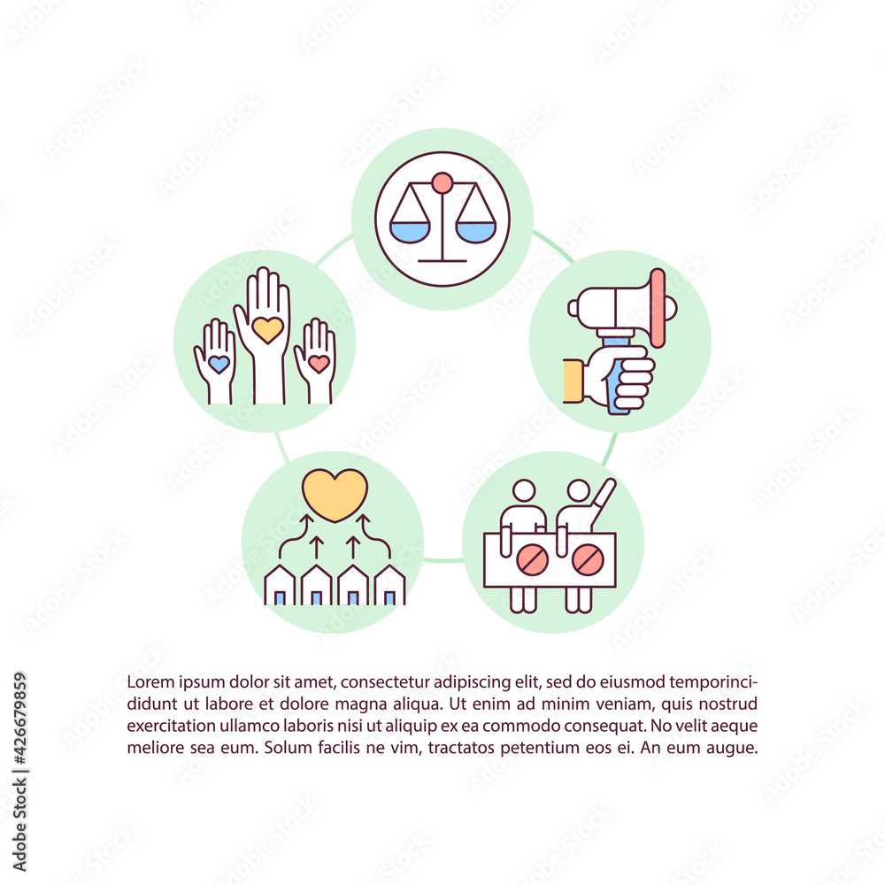 Social movement for equal rights concept line icons with text. PPT page vector template with copy space. Brochure, magazine, newsletter design element. Activism linear illustrations on white Social movement for equal rights concept line icons with text. PPT page vector template with copy space. Brochure, magazine, newsletter design element. Activism linear illustrations on white