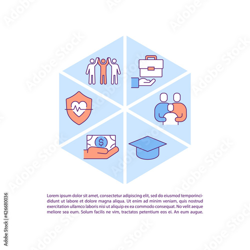 Social support for immigrants concept line icons with text. PPT page vector template with copy space. Brochure, magazine, newsletter design element. Migrant workers help linear illustrations on white