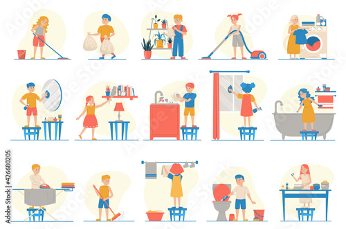 Housework set vector isolated. Collection of children doing house work. Vacuum cleaning, clothes ironing, cooking, wiping dust. Kid characters cleaning window and mirror. Child helps parents concept.
