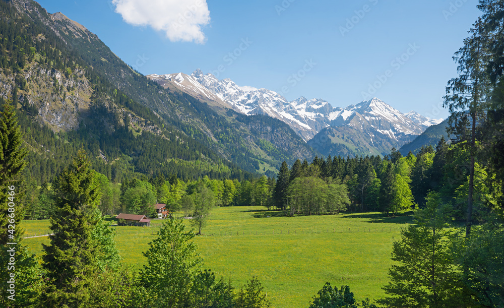 view to beautiful Stillach valley, tourist destination allgau alps