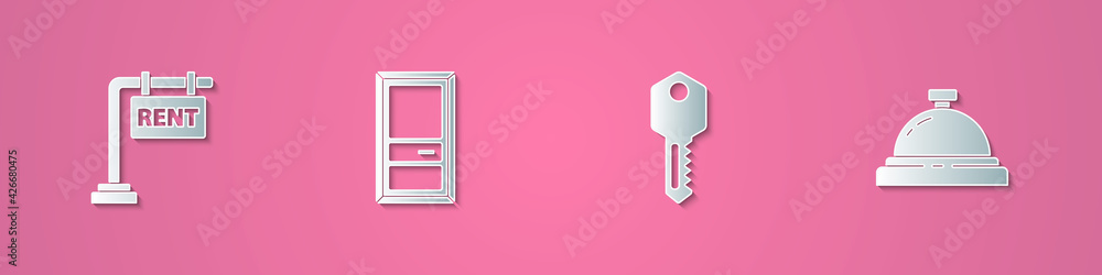 Set paper cut Hanging sign with Rent, Closed door, House key and Hotel service bell icon. Paper art style. Vector Set paper cut Hanging sign with Rent, Closed door, House key and Hotel service bell icon. Paper art style. Vector