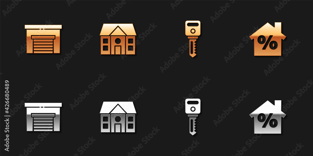 Set Garage, House, key and with percant discount icon. Vector Set Garage, House, key and with percant discount icon. Vector