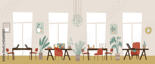 Trendy elegant co-working center interior. Modern workspace empty, no people. Cabinet with furniture office sketch. Horizontal background. Flat vector illustration.