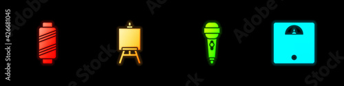 Set Sewing thread on spool, Easel or painting art boards, Microphone and Bathroom scales icon. Vector
