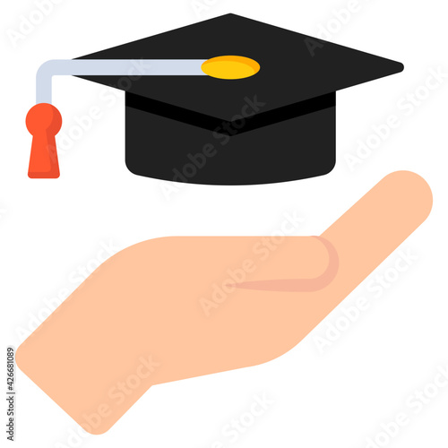 Mort board on hand, academic care icon