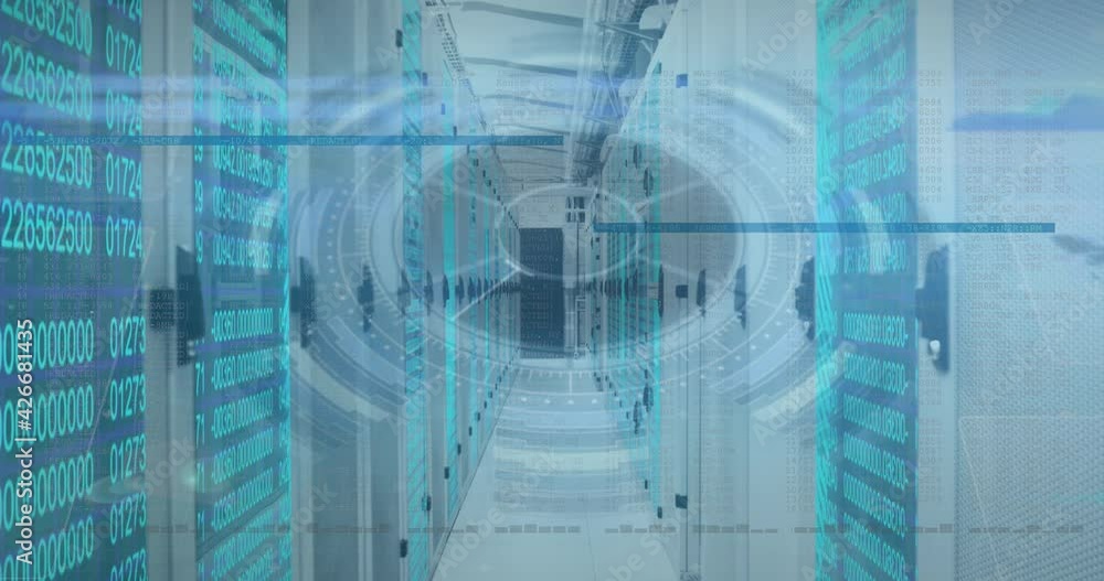 Animation of scope scanning and data processing over tech room with computer servers Animation of scope scanning and data processing over tech room with computer servers