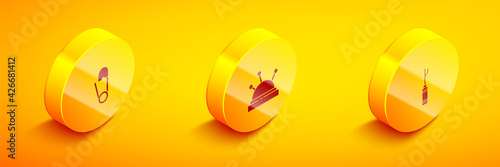 Set Isometric Safety pin, Needle bed and needles and Awl tool icon. Vector