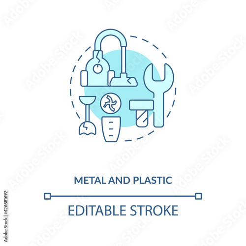 Metal and plastic concept icon. E-waste component idea thin line illustration. Automotive parts. Melting and reusing. Plastic bags and film. Vector isolated outline RGB color drawing. Editable stroke