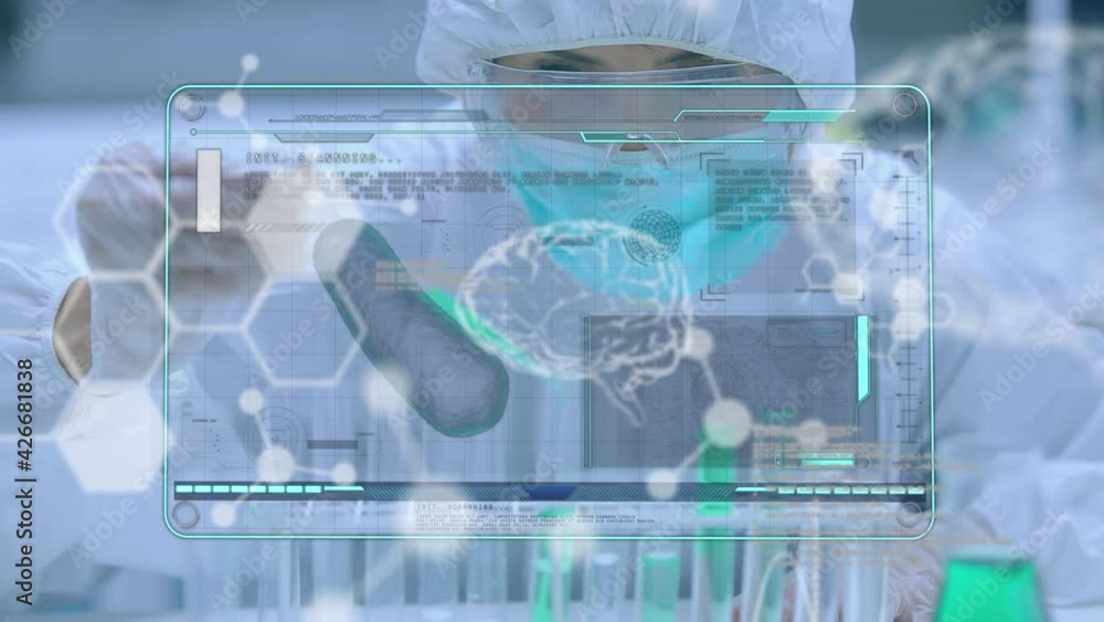 Animation of cells and medical data processing over female scientist holding test tube Animation of cells and medical data processing over female scientist holding test tube