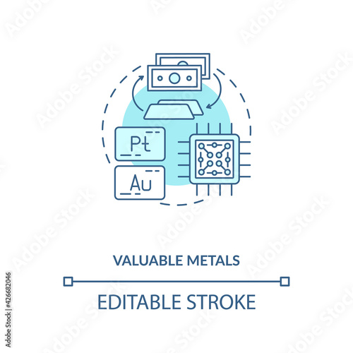 Valuable metals concept icon. E-waste component idea thin line illustration. Platinum, gold. Contact strips, rivets, wires, rods. Vector isolated outline RGB color drawing. Editable stroke