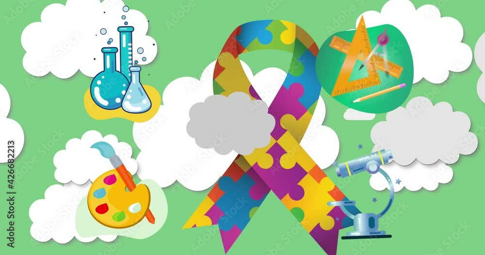 Animation of ribbon formed with puzzles over education icons with clouds on green background Animation of ribbon formed with puzzles over education icons with clouds on green background