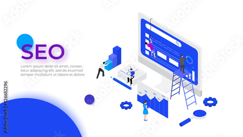 Isometric SEO analyses and optimization design concept with characters. Vector illustration. Landing page template for web