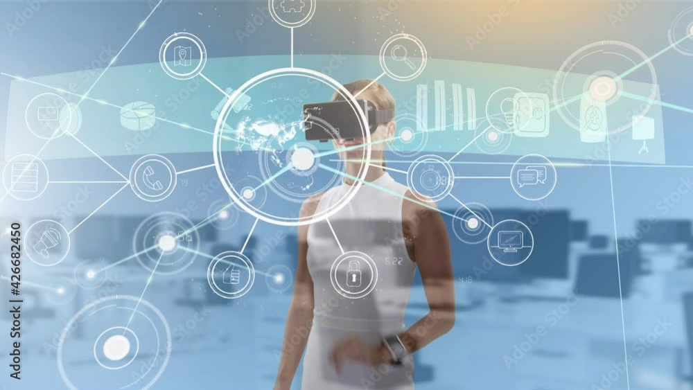 Animation of network of connections with icons and data processing over woman wearing vr headset Animation of network of connections with icons and data processing over woman wearing vr headset