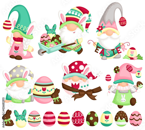 A Vector Set of Cute Gnome In Many Poses Celebrating Easter Day