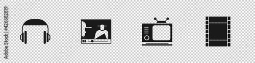 Set Headphones, Online play video, Retro tv and Play Video icon. Vector