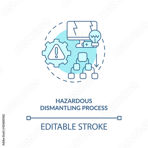 Hazardous dismantling process concept icon. E-waste management challenge idea thin line illustration. Recycling electronic devices. Vector isolated outline RGB color drawing. Editable stroke