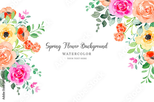 Watercolor flower frame. Colorful rose flower background