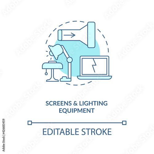 Screens and lighting equipment concept icon. E-waste category idea thin line illustration. Electronic displays. Sorting, dismantling. Vector isolated outline RGB color drawing. Editable stroke
