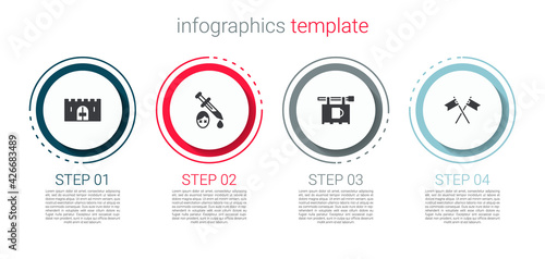 Set Medieval castle gate, Sword with blood, Street signboard Bar and Crossed medieval flag. Business infographic template. Vector