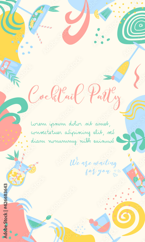 Coctail Party Flyer Banner in trendy color. Summer drinks with lemon, berry, mint, ice and straw. Party, pub, restoraunt or club invitation. fresh and cold alcohol coctail. Vector illustration. Coctail Party Flyer Banner in trendy color. Summer drinks with lemon, berry, mint, ice and straw. Party, pub, restoraunt or club invitation. fresh and cold alcohol coctail. Vector illustration.