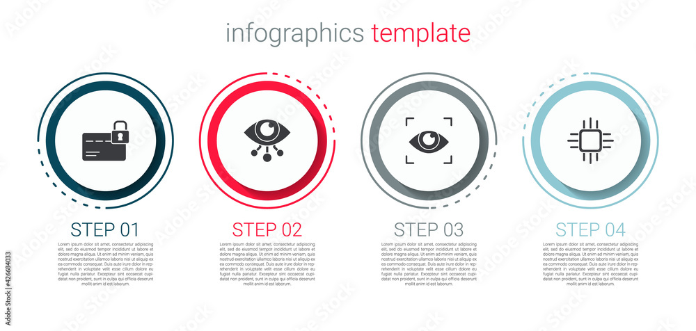 Set Credit card with lock, Eye scan, and Processor microcircuits CPU. Business infographic template. Vector Set Credit card with lock, Eye scan, and Processor microcircuits CPU. Business infographic template. Vector