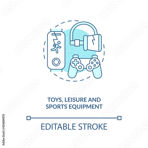 Toys, leisure and sports equipment concept icon. E-waste type idea thin line illustration. Repair and refurbishment. Gym gadgets. Vector isolated outline RGB color drawing. Editable stroke