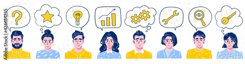 Smiling business figures with question mark, light bulb, gears, star, wrench, gears, wrench, magnifying glass, growth graph. Teamwork concepts, vector illustration. Speech Bubbles people avatars