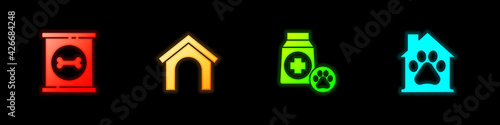 Set Canned food, Dog house, Bag of and Pet icon. Vector
