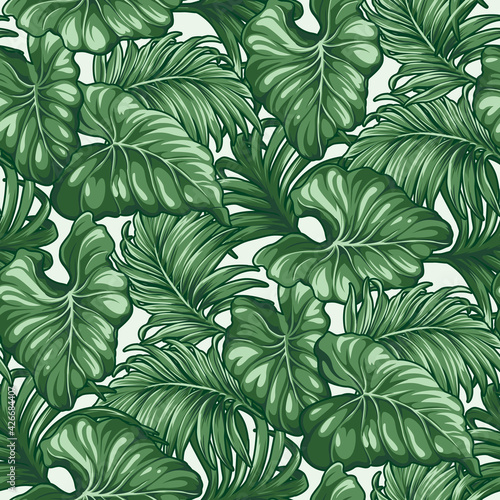 Tropical monstera and palm leaves abstract vector seamless pattern