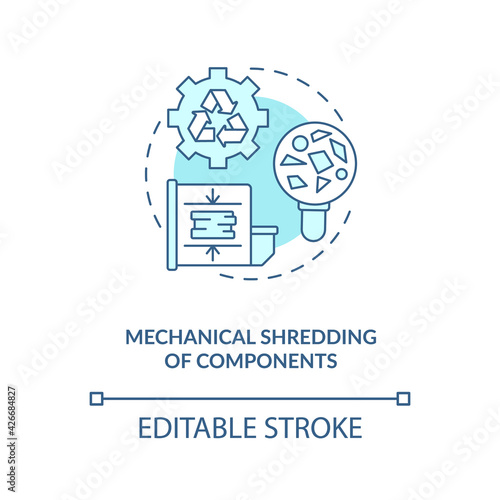 Mechanical components shredding concept icon. E-waste recycling step idea thin line illustration. Industrial shredder. Waste disposal system. Vector isolated outline RGB color drawing. Editable stroke