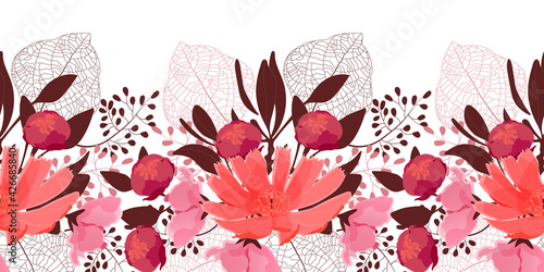 Vector floral seamless pattern, border. Pink, red flowers, buds, brown leaves isolated on a white background.