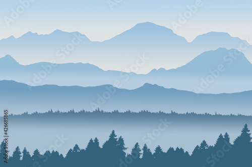 abstract mountain ridges silhouette and forest tree on the foreground with copy space for your text